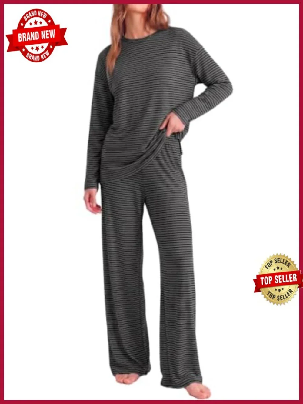 Striped Lounge Set, 2 Piece Pajama, Long Sleeve Tee & Wide Leg Pants
